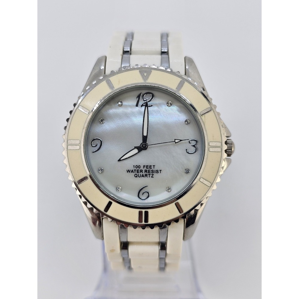 40MM Women's Watch White Dial White Gray Plastic Metal Band 6" NEW Battery